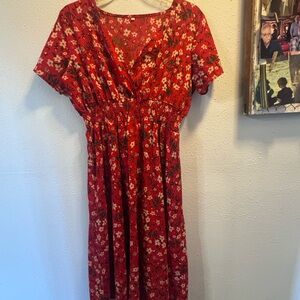 Red Floral V-Neck Smocked Waist Dress